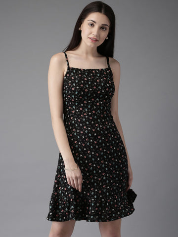 Moda Rapido Women Black Lightweight Printed Drop-Waist Dress