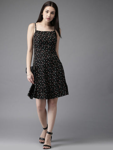 Moda Rapido Women Black Lightweight Printed Drop-Waist Dress